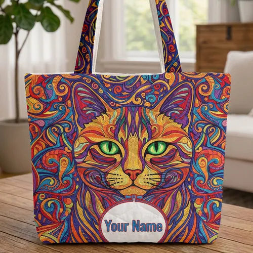 Cat Face Swirling Lines Frame - Everyday Carry Gift for Cat Lover Quilted Tote Bag