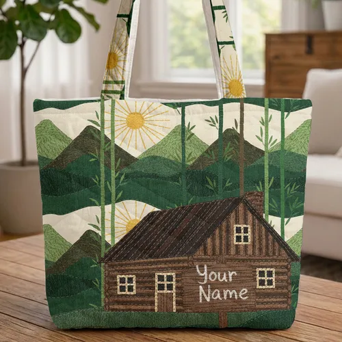 Rustic Log Cabin Mountain Sun Bamboo Sign Personalized - Everyday Carry Gift Quilted Tote Bag