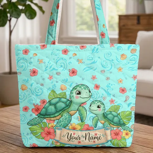 Sea Turtles Tropical Flowers Seashells Hibiscus Ocean Waves Name Scroll - Everyday Carry Gift Quilted Tote Bag
