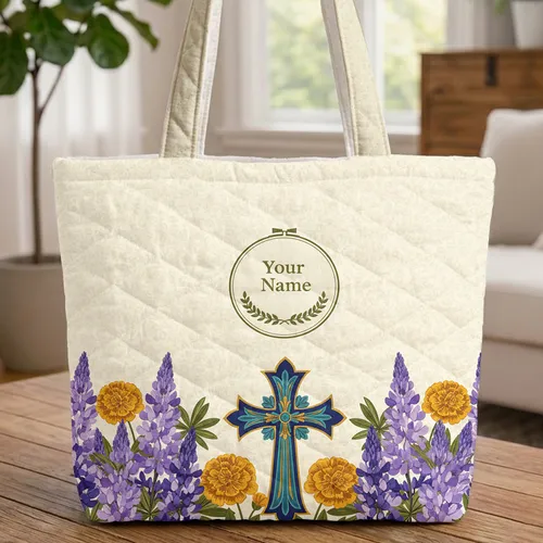 Ornate Christian Cross Lupine Marigold Flowers - Faith Lifestyle Gift for Women Quilted Tote Bag