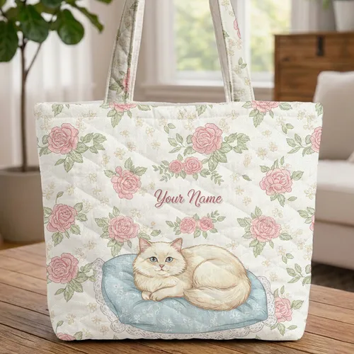 Fluffy Blue Eyed Cat Pink Roses Star Flowers Everyday Carry Gift for Cat Lover Quilted Tote Bag