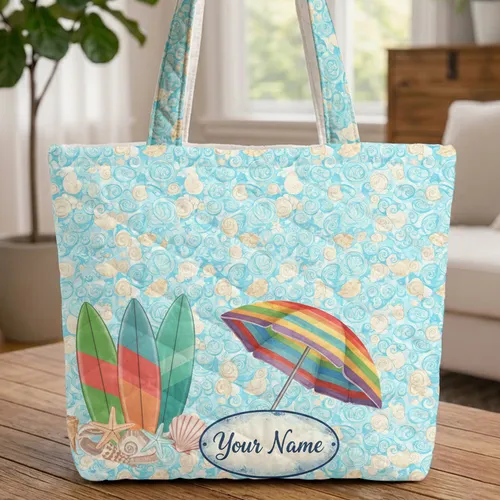 Personalized Rainbow Beach Umbrella Surfboards Seashells Vacation Gift Quilted Tote Bag