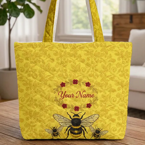 Bumblebee Floral Vine Personalized Name Wreath Everyday Carry Gift Quilted Tote Bag