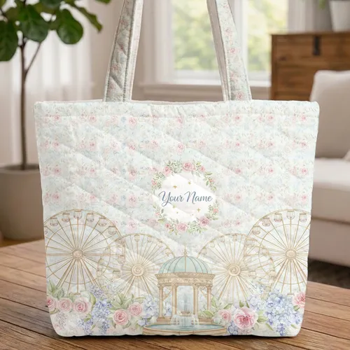 Ornate Ferris Wheels Garden Pavilion Fountain Watercolor Roses - Travel Essentials Quilted Tote Bag