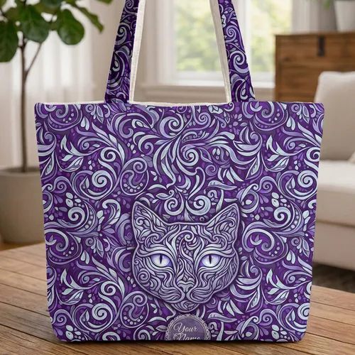 Ornate Cat Face Luminous Eyes Swirling Lines Delicate Leaves Floral Accents - Everyday Carry Gift Quilted Tote Bag