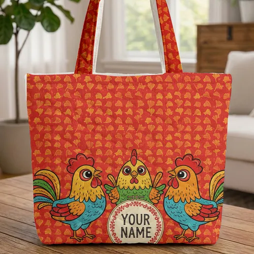 Folk Art Chickens Roosters Ginkgo Leaves Floral Hoop - Everyday Carry Gift for Chicken Lover Quilted Tote Bag