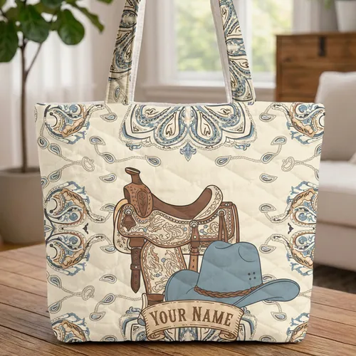 Western Saddle Cowboy Hat Personalized Name Paisley - Cowboy Lifestyle Everyday Gift Quilted Tote Bag