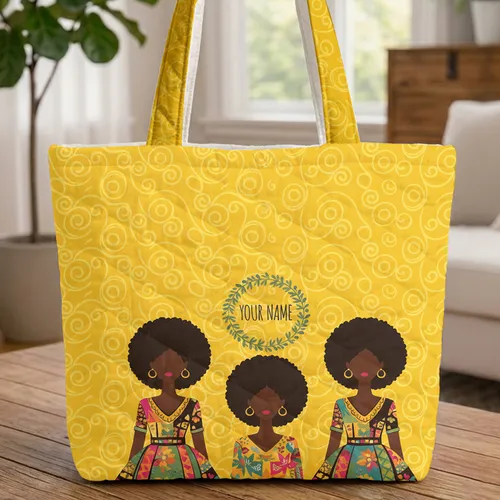 Afro Women Folk Art Floral Wreath Personal Name - Everyday Carry Gift for Women Quilted Tote Bag