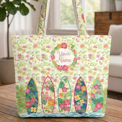Tropical Surfboards Hibiscus Palm Floral Wreath - Summer Beach Travel Essential Quilted Tote Bag