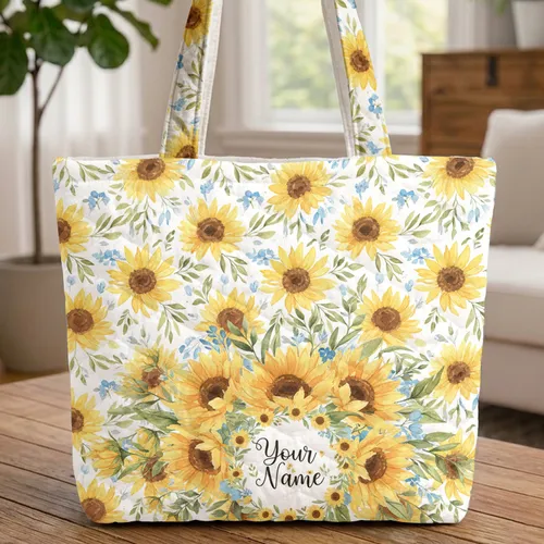 Painterly Sunflowers Personalized Name Wreath - Everyday Carry Gift Quilted Tote Bag