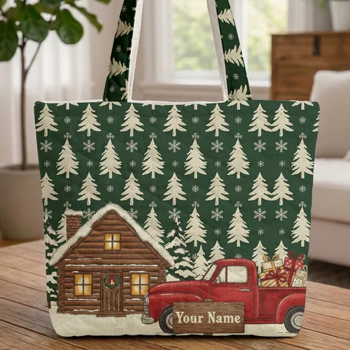 Cozy Log Cabin Red Pickup Christmas Gifts Snowy Pine - Christmas Everyday Carry Quilted Tote Bag
