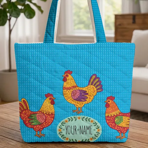 Three Chickens Blue Dot Background Small Floral Wreath Custom Name - Everyday Carry Gift Quilted Tote Bag