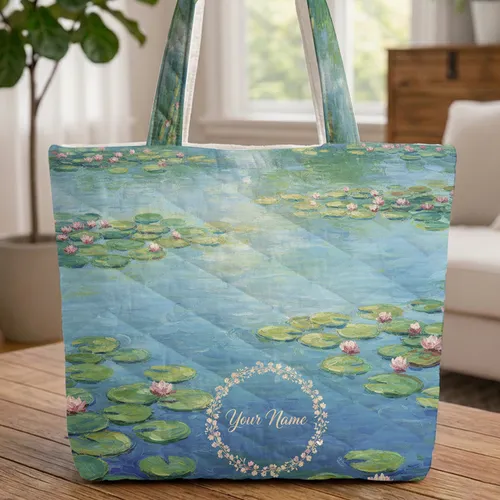 Sunlit Pond Water Lily Floral Wreath with Floating Lily Pads - Everyday Carry Flower Lover Gift Quilted Tote Bag