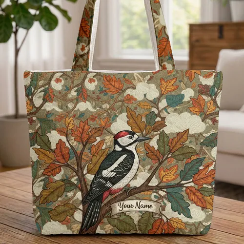 Stately Woodpecker Autumn Leaves Tree Branch Everyday Carry Gift Quilted Tote Bag