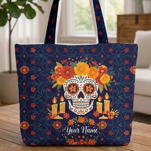 Marigold Sugar Skull Calavera Floral Wreath - Everyday Carry Gift for Calavera Lover Quilted Tote Bag