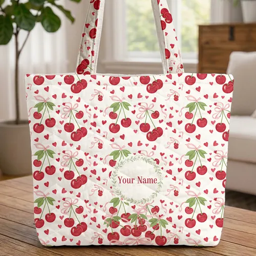 Ripe Red Cherries Green Stems Pink Bows Small Red Hearts Floral Wreath Everyday Carry Gift Quilted Tote Bag