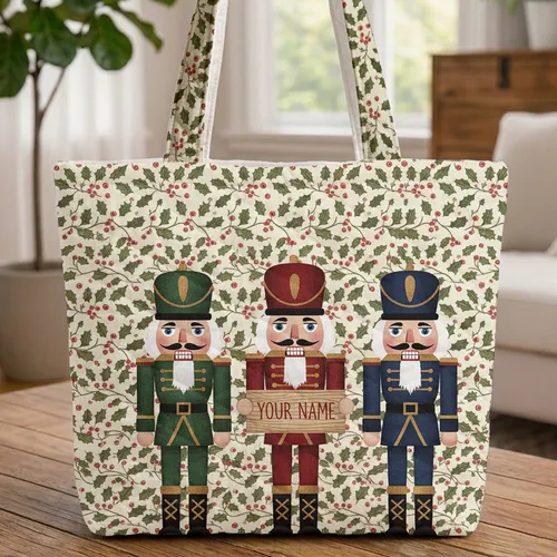 Red Green Gold Nutcracker Figures Holly Berry Vines - Christmas Carry Gift Quilted Tote Bag