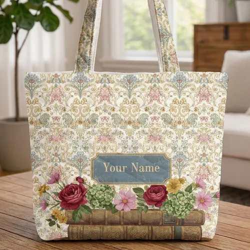Vintage Books Garden Flowers Personalized Plaque - Everyday Carry Gift Quilted Tote Bag