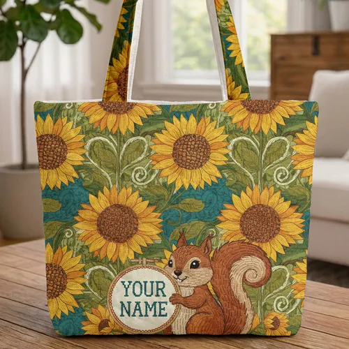 Squirrel Sunflower Quilt Art Personalized - Everyday Carry Gift Quilted Tote Bag