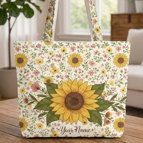 Sunflower Wildflower Botanical Name Wreath - Everyday Carry Gift Quilted Tote Bag
