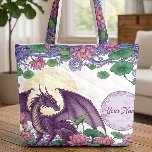 Majestic Purple Dragon Lotus Lily Pad Water Full Moon - Everyday Carry Gift Quilted Tote Bag