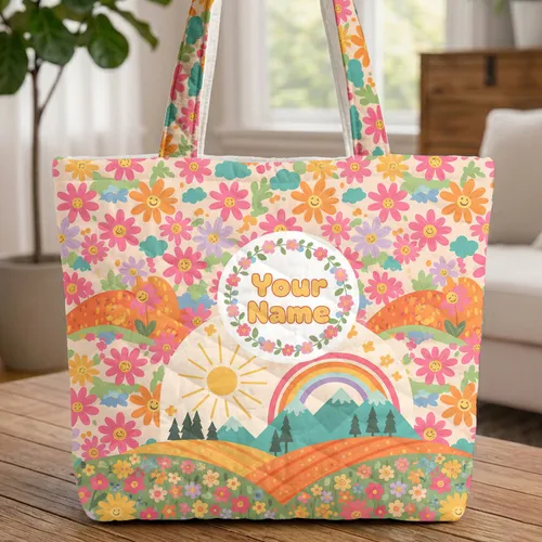 Personalized Daisy Wreath Rainbow Landscape Everyday Carry Gift Quilted Tote Bag