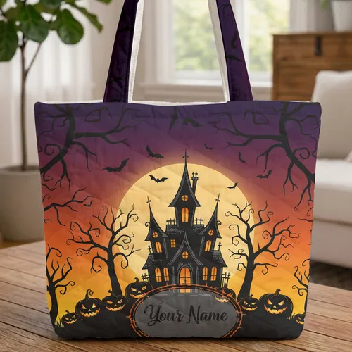Haunted Mansion Jack-O'-Lanterns Full Moon Thorns Bats - Halloween Spooky Season Carryall Quilted Tote Bag