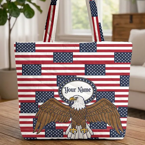 Majestic Bald Eagle American Flag Independence Day - Bird Lover Carry Gift Quilted Tote Bag