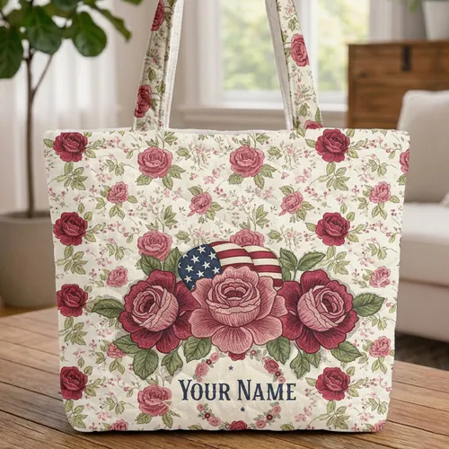 Patriotic Roses Stars Stripes Leaves Berries Personalized Floral Everyday Carry Gift Quilted Tote Bag