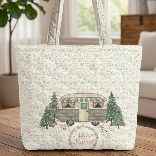 Vintage Camper Van Wildflower Landscape - Travel Essentials Gift Quilted Tote Bag
