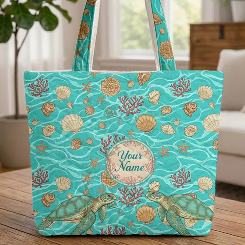 Sea Turtles Rippling Ocean Water Seashells Coral Your Name - Travel Gift Quilted Tote Bag