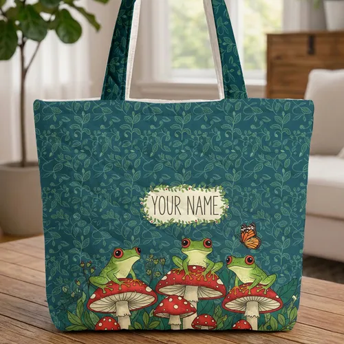 Red-Eyed Frogs Fly Agaric Mushrooms Butterfly Leaf Garland Wildlife Lover Gift Quilted Tote Bag