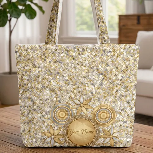 Shimmering Gold Silver Sequins Ornate Circular Star Medallion - Everyday Carry Gift Quilted Tote Bag