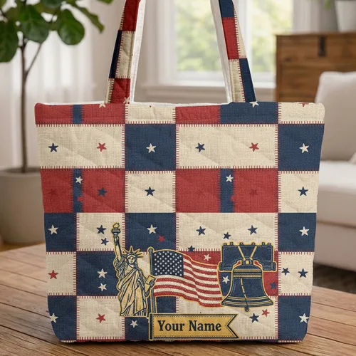 Liberty Bell Statue of Liberty American Flag Everyday Carry Gift for History Enthusiasts Quilted Tote Bag