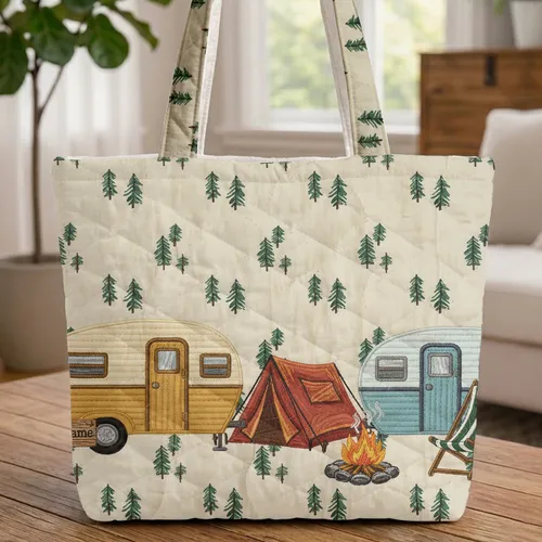 Personalized Retro RV Camping Tent Campfire Pine Trees Travel Essential Quilted Tote Bag