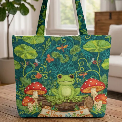 Green Frog Red Mushroom Lily Pad Dragonfly Butterfly - Everyday Carry Wildlife Gift Quilted Tote Bag