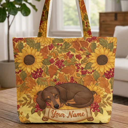 Sleeping Dachshund Sunflowers Autumn Leaves - Everyday Carry Gift for Dachshund Lover Quilted Tote Bag