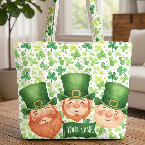 Leprechaun Faces Shamrocks Clover Stars - St. Patrick's Day Market Day Gift Quilted Tote Bag