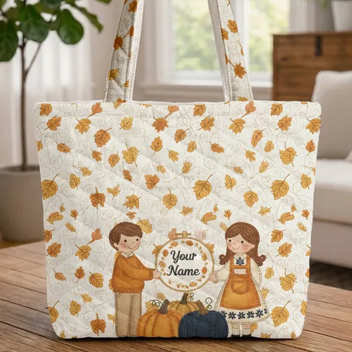 Autumn Leaves Three Pumpkins Leafy Name Hoop Frame Fall Season Everyday Carry Gift Quilted Tote Bag