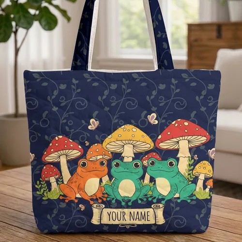 Frogs Toadstools Butterflies Personalized - Everyday Carry Gift for Wildlife Lover Quilted Tote Bag