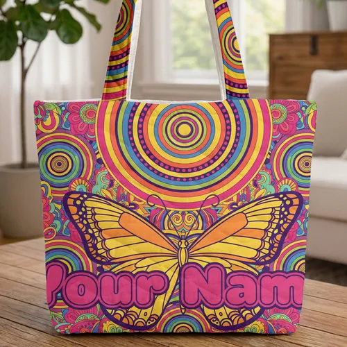 Psychedelic Floral Butterfly Rainbow Stripes Bubble Letter Everyday Carry Gift Quilted Tote Bag