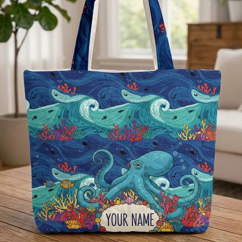 Blue Octopus Tropical Fish Coral Reef Personalized Ocean Lover Everyday Carry Gift Quilted Tote Bag