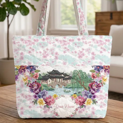Chinese River Landscape Cherry Blossom Name Floral Wreath Everyday Carry Gift for Her Quilted Tote Bag