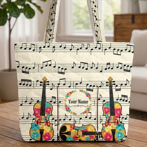 Ornate Floral Violins Music Notes Wreath - Everyday Carry Gift for Musician Quilted Tote Bag