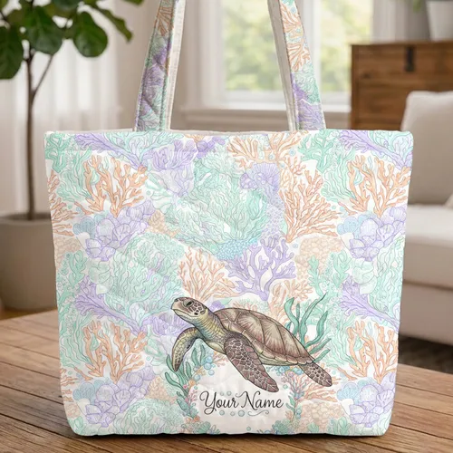 Sea Turtle Coral Reef Sea Anemone Garland 'Your Name' - Everyday Carry Gift Quilted Tote Bag