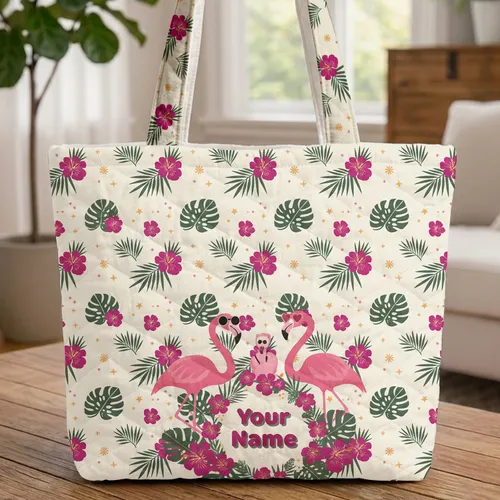Flamingos Sunglasses Hibiscus Palm Frond Tropical Foliage - Travel Essentials Gift Quilted Tote Bag