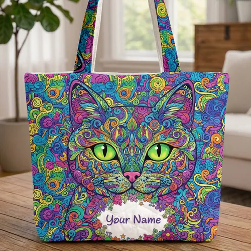 Rainbow Swirl Cat Face Floral Wreath - Everyday Carry Gift Quilted Tote Bag