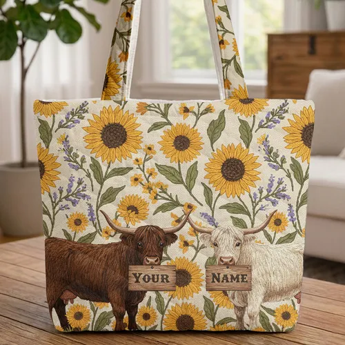 Highland Cow Wildflower Meadow Sign - Everyday Carry Gift for Cow Lover Quilted Tote Bag