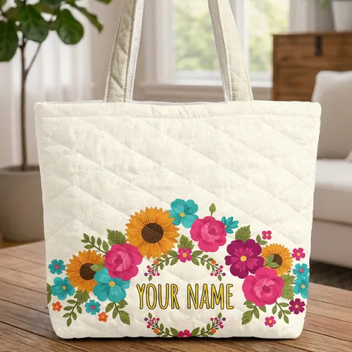 Ornate Garden Storybook Sunflowers Blossom Folk Art Wreath - Everyday Carry Gift Quilted Tote Bag