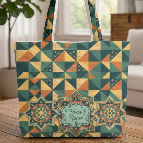 Geometric Star Interlocking Shapes Blossom Leaves - Everyday Carry Gift Quilted Tote Bag